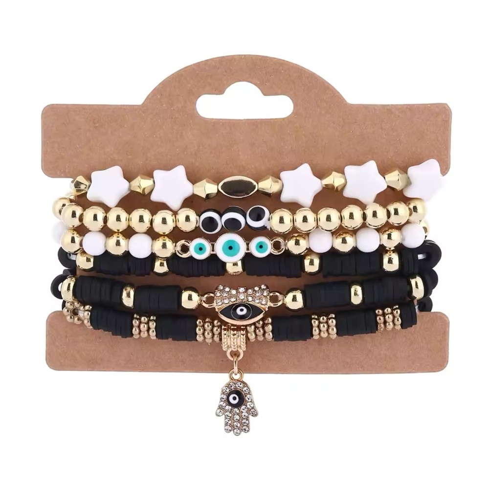 Gold White & Black Beaded Amulet Evil Eye & Hamsa Hand Bracelet Set 6 pc New